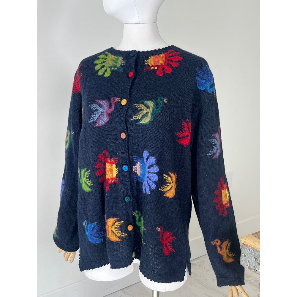 Hand Knit Navy Baby Alpaca Bird Sun Cardigan Peruvian Boho Sweater